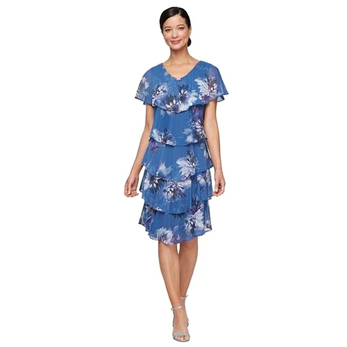 S.L. Fashions Women's Short Sleeve Floral Tiered Chiffon Cocktail Spring/Summer, Wedding Guest Dress Blue/Multi by S.L. Fashions - Used - Like New condition