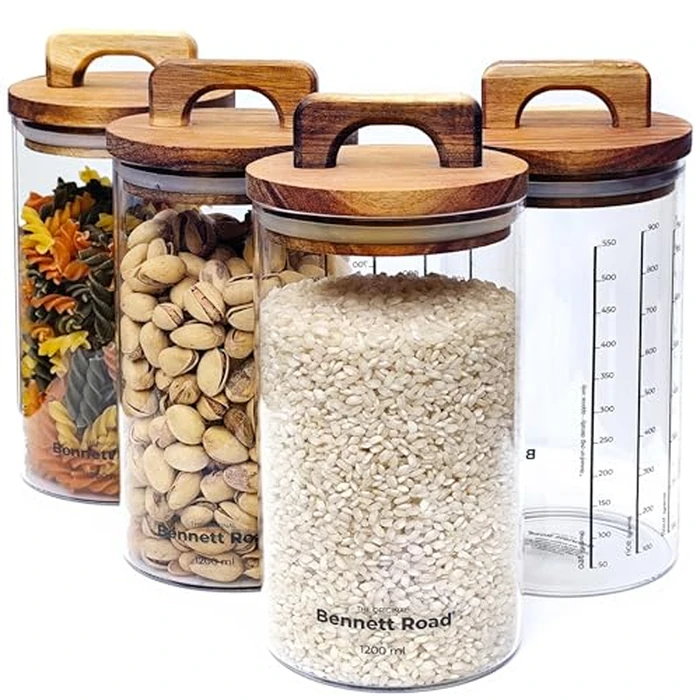 Glass Storage Containers With Lids - 4 Pack 40oz Glass Jars With Lids Airtight, Food Storage Container with Acacia Wood Air Tight Lid, Kitchen Pantry for Cereal, Flour, Rice & Coffee Bean by Bennett Road - Image 1