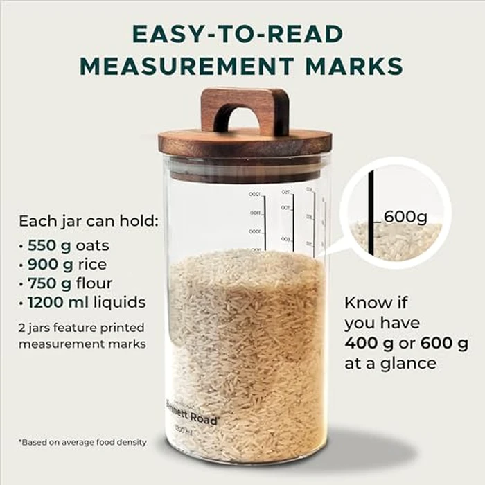 Glass Storage Containers With Lids - 4 Pack 40oz Glass Jars With Lids Airtight, Food Storage Container with Acacia Wood Air Tight Lid, Kitchen Pantry for Cereal, Flour, Rice & Coffee Bean by Bennett Road - Image 2