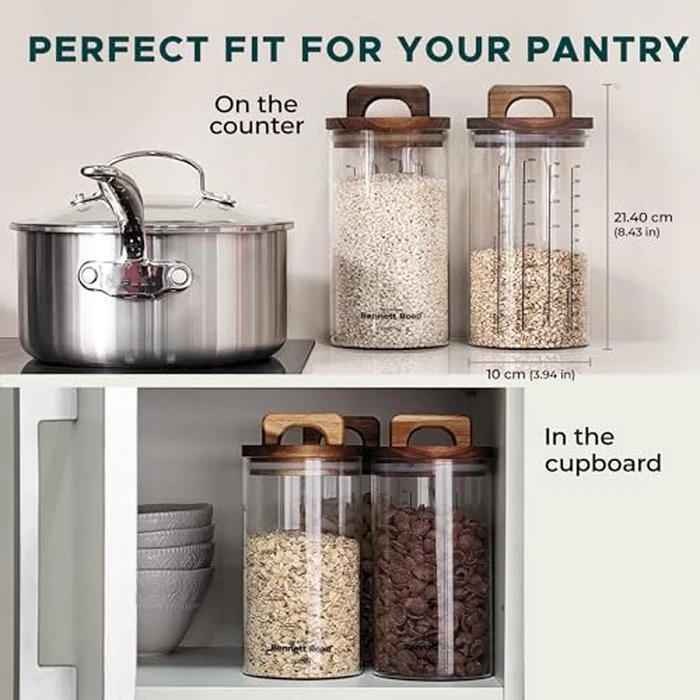 Glass Storage Containers With Lids - 4 Pack 40oz Glass Jars With Lids Airtight, Food Storage Container with Acacia Wood Air Tight Lid, Kitchen Pantry for Cereal, Flour, Rice & Coffee Bean by Bennett Road - Image 3