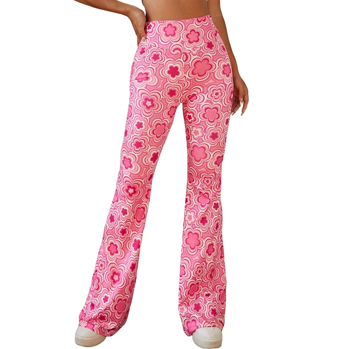 OYOANGLE Women's Floral Print High Waist Yoga Pants Wide Leg Pants Bell Bottom Trousers Pink S by OYOANGLE - Used - Like New condition - US$20.90