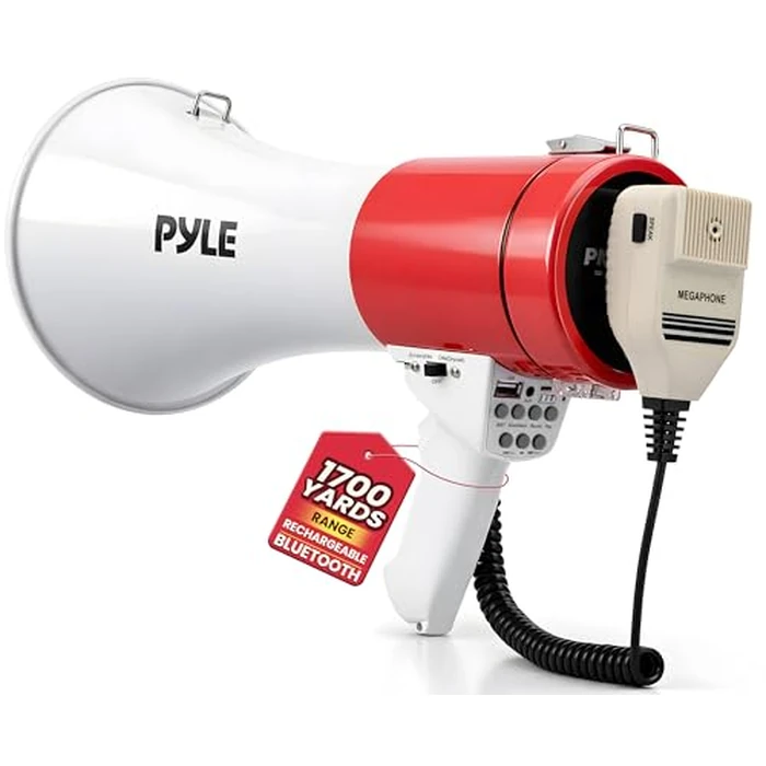 Pyle 50W Megaphone Bullhorn Speaker - Portable Bluetooth, Alarm Siren, Adjustable Volume up to 1700 Yards, Aux Input, USB/TF Playback, for Indoor/Outdoor Activities, Sports, and Emergency Drills - Red by Pyle - Used - Very Good condition