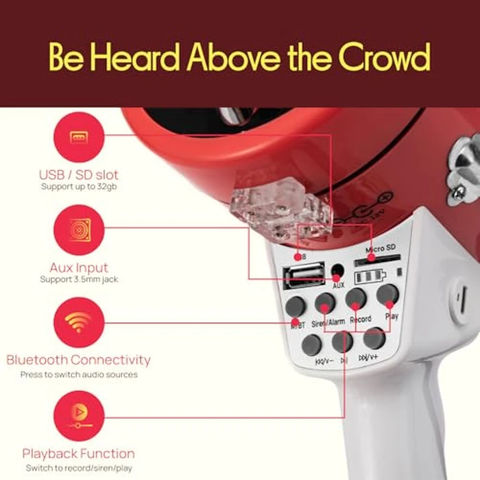 Pyle 50W Megaphone Bullhorn Speaker - Portable Bluetooth, Alarm Siren, Adjustable Volume up to 1700 Yards, Aux Input, USB/TF Playback, for Indoor/Outdoor Activities, Sports, and Emergency Drills - Red by Pyle - Image 4