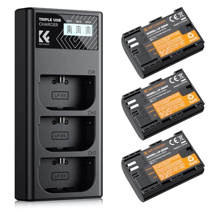 K&F CONCEPT 3-Pack LP-E6NH Battery and Triple Slot Charger Compatible with Canon EOS R7, R6, R5, R, 6D Mark II, 5D Mark IV, 5D Mark III, 5DS, 5DS R, 5D Mark II, 80D, 90D, 6D, 7D, 7D Mark II, 2250mAh by K&F CONCEPT - Image 1