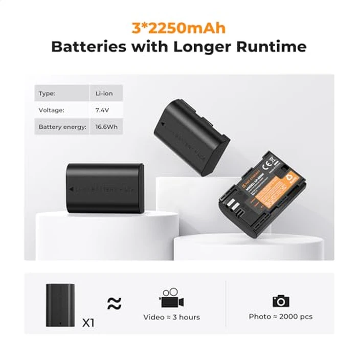 K&F CONCEPT 3-Pack LP-E6NH Battery and Triple Slot Charger Compatible with Canon EOS R7, R6, R5, R, 6D Mark II, 5D Mark IV, 5D Mark III, 5DS, 5DS R, 5D Mark II, 80D, 90D, 6D, 7D, 7D Mark II, 2250mAh by K&F CONCEPT - Image 2