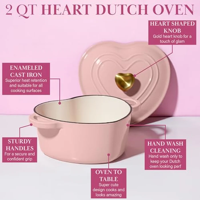 Paris Hilton Enameled Cast Iron Dutch Oven Heart-Shaped Pot with Lid, Dual Handles, Works on All Stovetops, Oven Safe to 500 degreesF, 2-Quart, Pink by Paris Hilton - Image 5