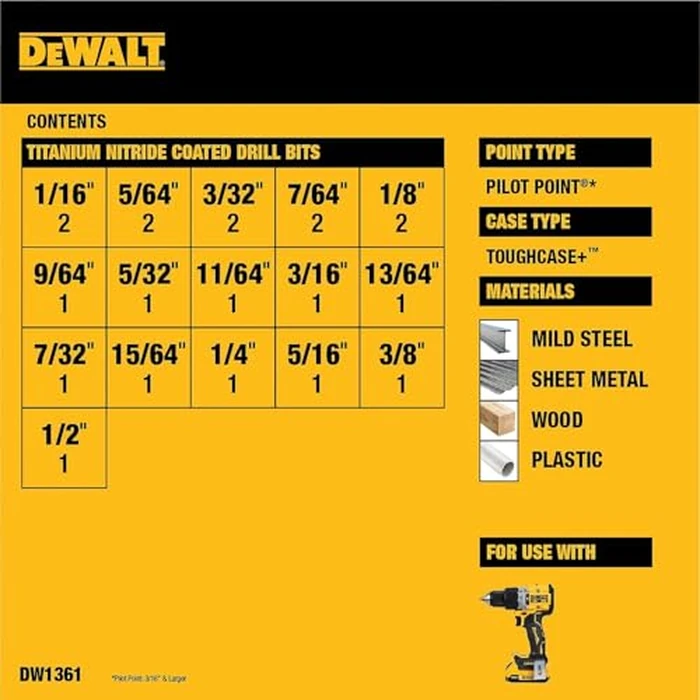 DEWALT Drill Bit Set, 21 Pc. Titanium Nitride Coated Pilot Point DEWALT Bit Set with Case for Wood, Metal and Plastic (DW1361) by DEWALT - Image 3