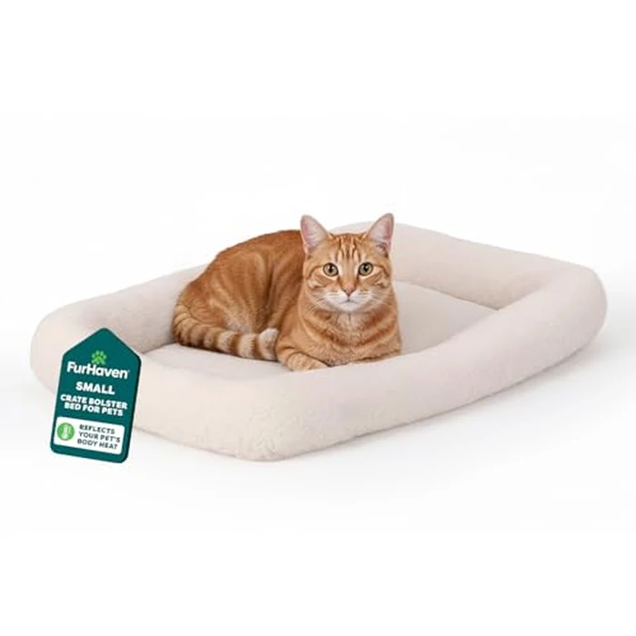 Furhaven Dog Bed for Extra Small Dogs & Indoor Cats, 100% Washable, Sized to Fit Crates - Sherpa Fleece Bolster Crate Pad - Cream, Extra Small by Furhaven - Image 1