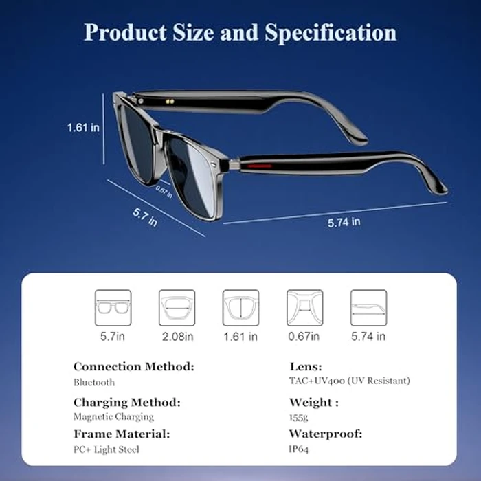 Blackview Smart Glasses, 5.3 Bluetooth Sunglasses with Open Ear Speaker, Voice Assistant Compatible, Blue Light Blocking Lens by Blackview - Image 2