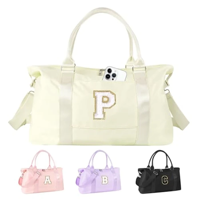 Dance Gym Duffel Bag for Teen Girls, Personalized Initial Travel Weekender Bag,Cute Overnight Carry On Duffle for Women,Sports Travel Cheer Bag,Monogram Christmas Gifts for Tween Preppy(beige-P) by XSUIOY - Image 1