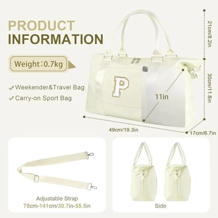 Dance Gym Duffel Bag for Teen Girls, Personalized Initial Travel Weekender Bag,Cute Overnight Carry On Duffle for Women,Sports Travel Cheer Bag,Monogram Christmas Gifts for Tween Preppy(beige-P) by XSUIOY - Image 2