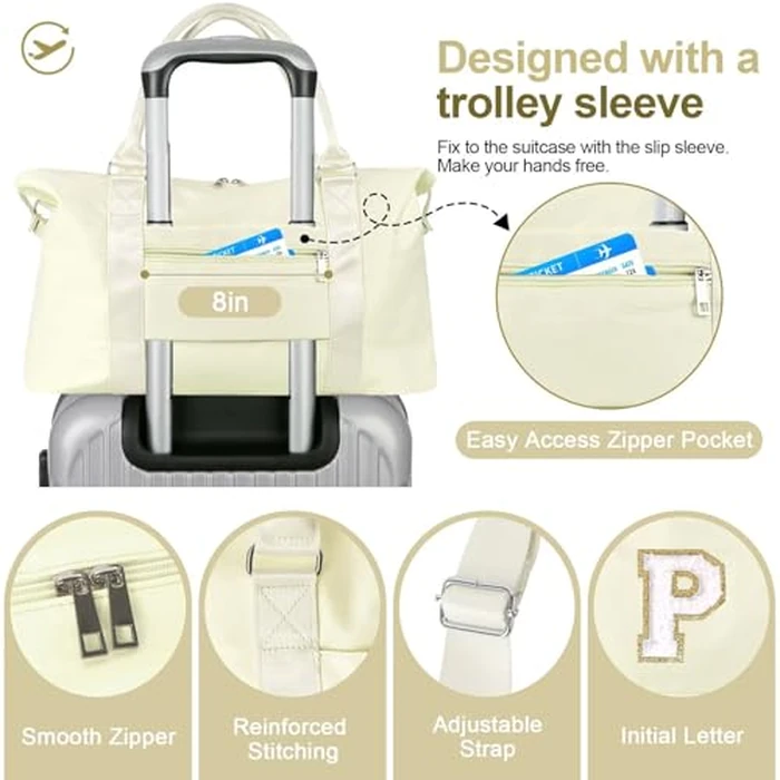 Dance Gym Duffel Bag for Teen Girls, Personalized Initial Travel Weekender Bag,Cute Overnight Carry On Duffle for Women,Sports Travel Cheer Bag,Monogram Christmas Gifts for Tween Preppy(beige-P) by XSUIOY - Image 5