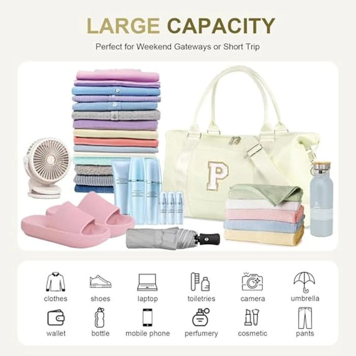 Dance Gym Duffel Bag for Teen Girls, Personalized Initial Travel Weekender Bag,Cute Overnight Carry On Duffle for Women,Sports Travel Cheer Bag,Monogram Christmas Gifts for Tween Preppy(beige-P) by XSUIOY - Image 8