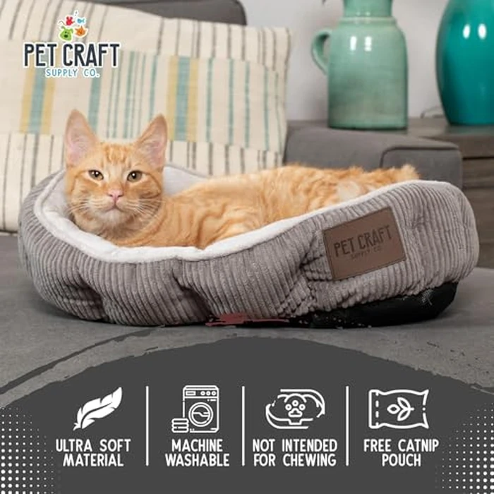Pet Craft Supply Cat Bed for Indoor Cats - Kitten Bed - Machine Washable - Ultra Soft - Self Warming - Refillable Catnip Pouch,Grey,19x14x5 Inch (Pack of 1) by Pet Craft Supply - Image 2