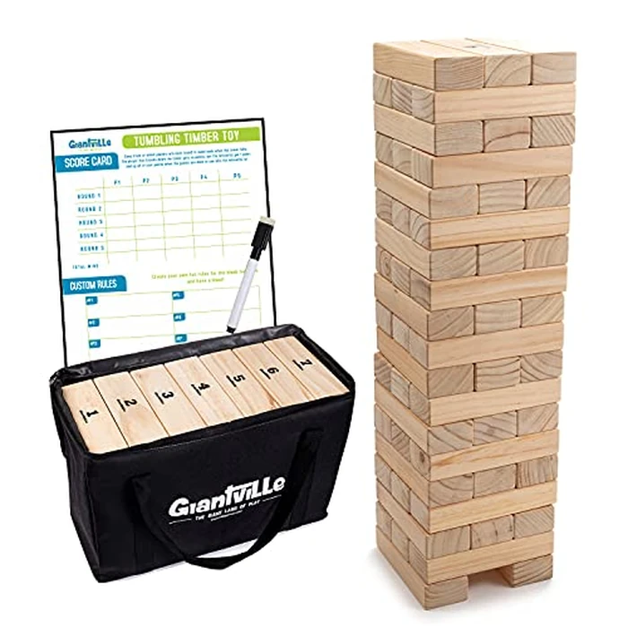 Giant Tumbling Timber Toy - Jumbo JR. Wooden Blocks Floor Game for Kids and Adults, 56 Pieces, Premium Pine Wood, Carry Bag - Grows to Over 4-feet While Playing, Life Size by Giantville - Used - Very Good condition