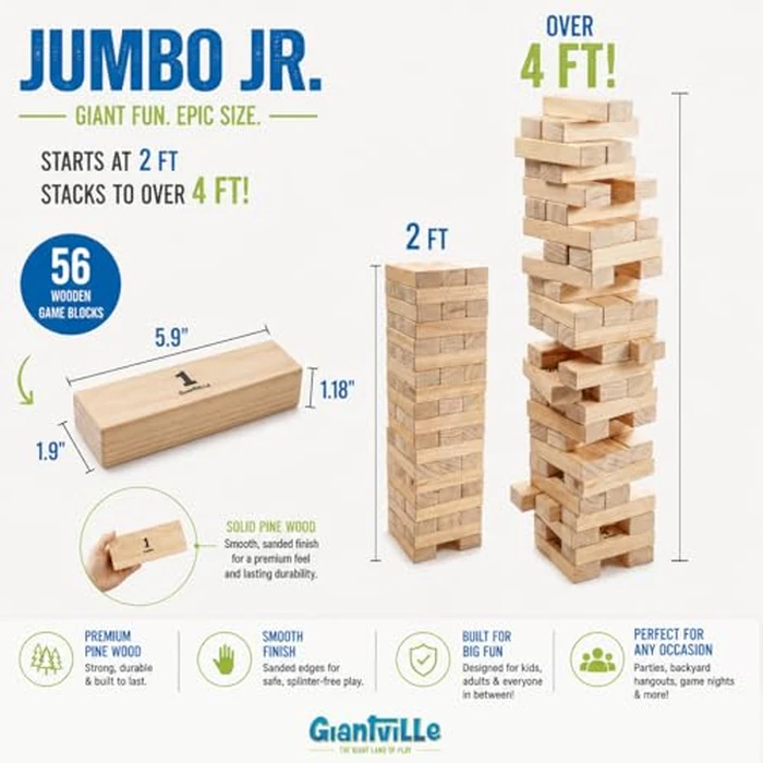 Giant Tumbling Timber Toy - Jumbo JR. Wooden Blocks Floor Game for Kids and Adults, 56 Pieces, Premium Pine Wood, Carry Bag - Grows to Over 4-feet While Playing, Life Size by Giantville - Image 2