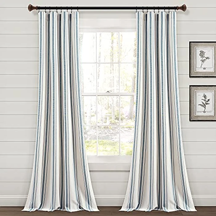 Lush Decor Farmhouse Stripe Yarn Dyed Eco-Friendly Recycled Cotton Window Curtain Panel Pair, 42" W x 95" L, Blue - Classic Modern Rustic Charm - Eco Friendly Cotton Fabric by Lush Decor - Used - Like New condition - CA$74.77