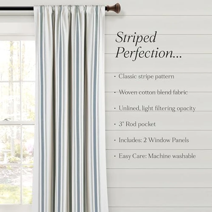 Lush Decor Farmhouse Stripe Yarn Dyed Eco-Friendly Recycled Cotton Window Curtain Panel Pair, 42" W x 95" L, Blue - Classic Modern Rustic Charm - Eco Friendly Cotton Fabric by Lush Decor - Image 7