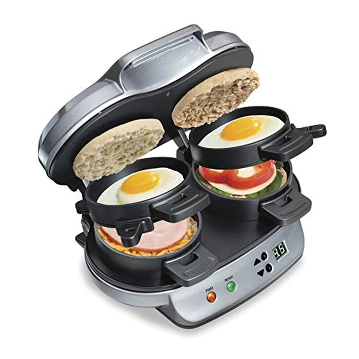 Hamilton Beach Dual Breakfast Sandwich Maker with Timer, Ready in 5 Minutes, Removable Dishwasher Safe PFAS-Free Non-Stick Egg Cooker Ring, Silver (25490MNA) by Hamilton Beach - Used - Very Good condition