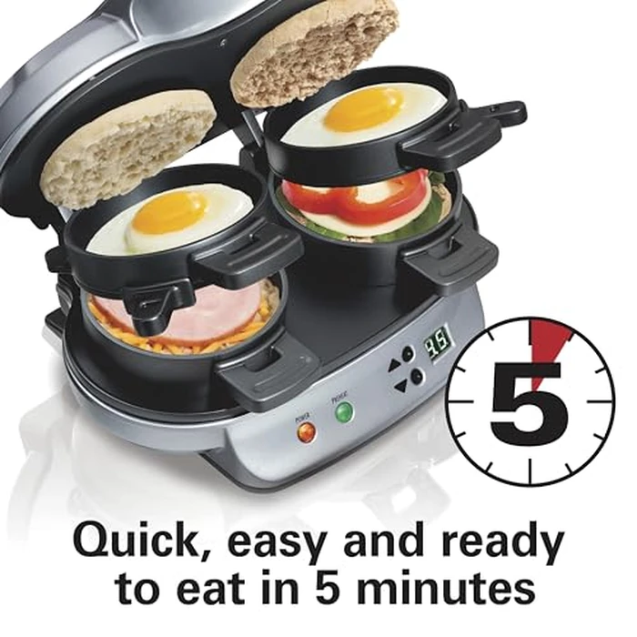 Hamilton Beach Dual Breakfast Sandwich Maker with Timer, Ready in 5 Minutes, Removable Dishwasher Safe PFAS-Free Non-Stick Egg Cooker Ring, Silver (25490MNA) by Hamilton Beach - Image 3