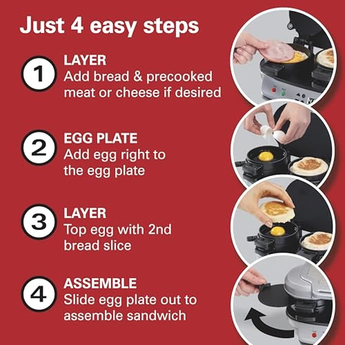 Hamilton Beach Dual Breakfast Sandwich Maker with Timer, Ready in 5 Minutes, Removable Dishwasher Safe PFAS-Free Non-Stick Egg Cooker Ring, Silver (25490MNA) by Hamilton Beach - Image 7