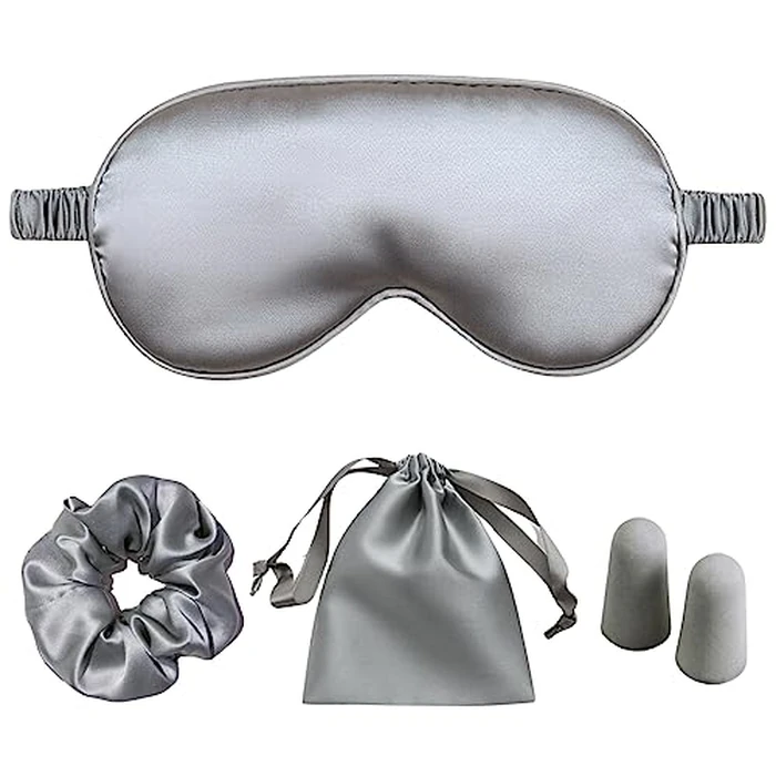 LCBD Silk Satin Sleeping Eye Mask, Silver Grey Sleep Eye Night Blindfold for Women and Men, Eyeshade Cover With Satin Hair Scrunchies and Ear Plugs, Wedding Bridesmaid Gift by LCBD - Used - Very Good condition - CA$8.46