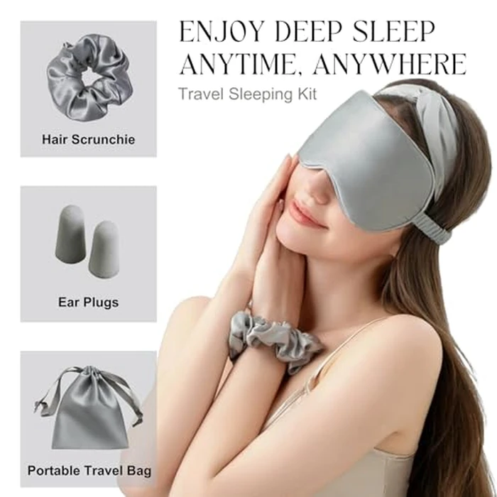 LCBD Silk Satin Sleeping Eye Mask, Silver Grey Sleep Eye Night Blindfold for Women and Men, Eyeshade Cover With Satin Hair Scrunchies and Ear Plugs, Wedding Bridesmaid Gift by LCBD - Image 6