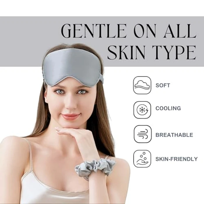 LCBD Silk Satin Sleeping Eye Mask, Silver Grey Sleep Eye Night Blindfold for Women and Men, Eyeshade Cover With Satin Hair Scrunchies and Ear Plugs, Wedding Bridesmaid Gift by LCBD - Image 7