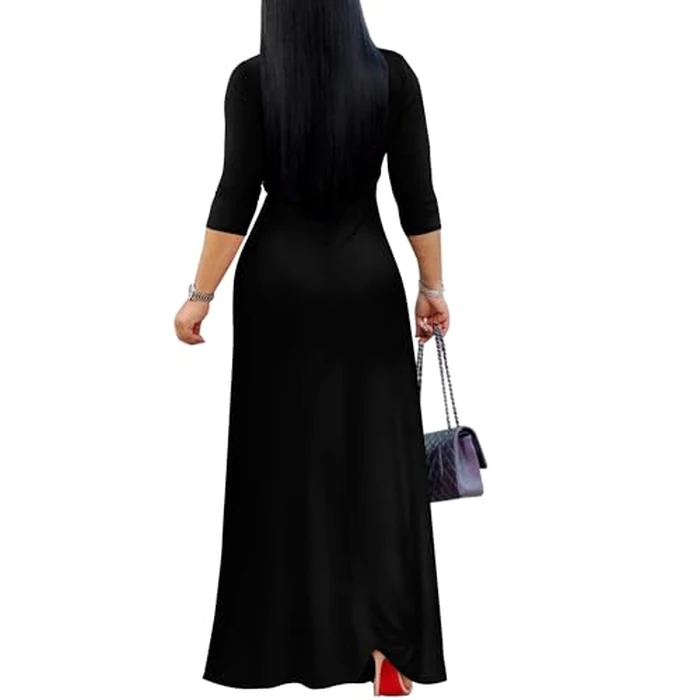 FANDEE Plus Size Maxi Dress for Women - Casual Summer Sundress V-Neck 3/4 Sleeve Solid Black 2XL by FANDEE - Image 2