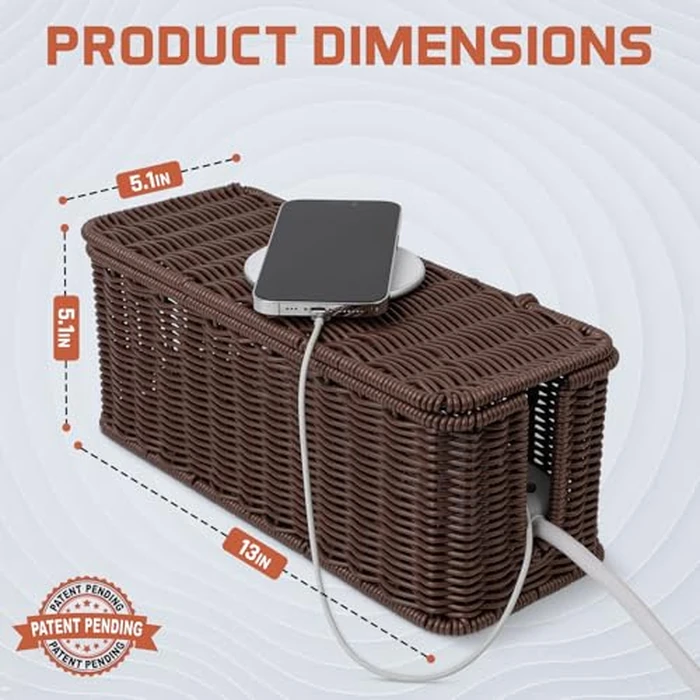 Cable Management Box, Handmade Rattan Cable Organizer with 2 Open Slots, Cord Hider for Power Strip, Router & USB Hub, Registered U.S. Design Patent (D1,112,102), 13" x 5.1" x 5.1", Brown by Cantalop - Image 2