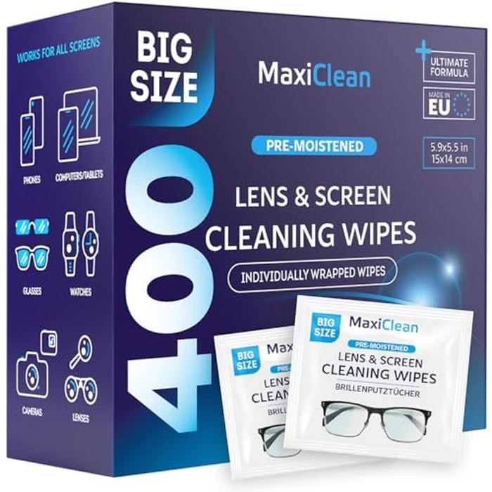 Glasses Wipes Lens Cleaner - Lens Wipes for Eyeglasses - 400 Pre-moistened Individually Wrapped Wipes for Eye Glasses, Electronics, Phone, Computer, Laptop Screen - Camera Lens Cleaner - Made in EU by Maxi Clean - Used - Like New condition - US$18.70