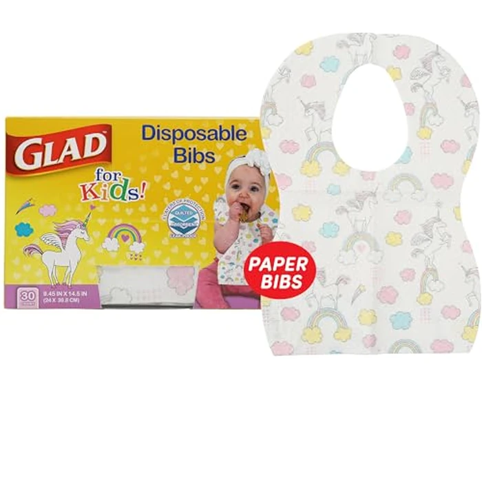 Glad for Kids Unicorn Disposable Paper Bibs with Crumb Catcher, Absorbent Leakproof Bibs for Toddlers and Babies, Mess Free Feeding, Crafts, Parties, and Travel Use, 30 Count by Glad - Image 1