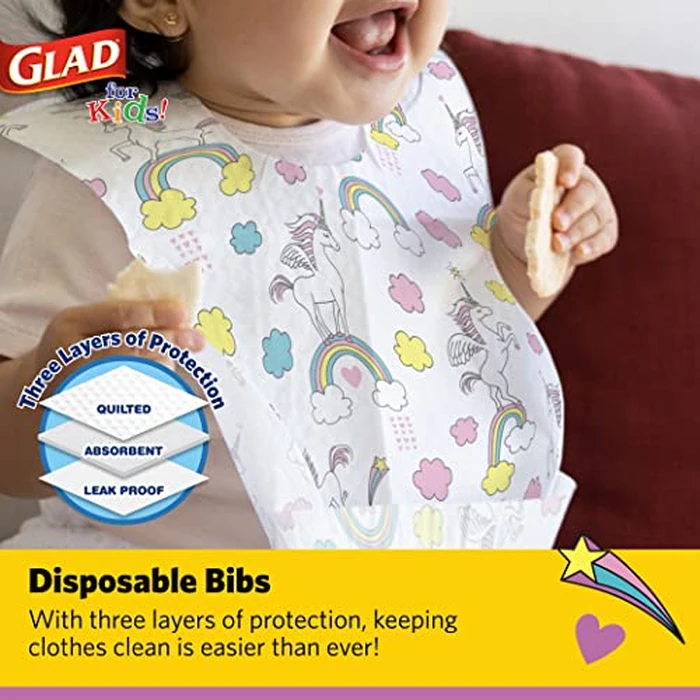 Glad for Kids Unicorn Disposable Paper Bibs with Crumb Catcher, Absorbent Leakproof Bibs for Toddlers and Babies, Mess Free Feeding, Crafts, Parties, and Travel Use, 30 Count by Glad - Image 2