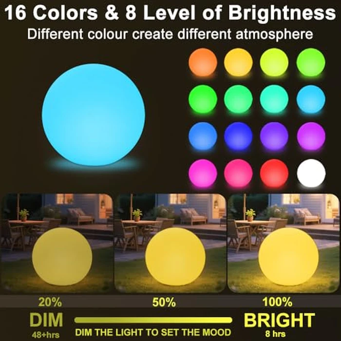 20-in LED Glowing Ball Light, Large Rechargeable LED Globe Orb Light w/Remote, Dimmable RGB Color Changing Globe Floor Lamp, Indoor/Outdoor Waterproof Mood Lamp for Home Garden Patio Lawn Party Decor by BALMOST - Image 8