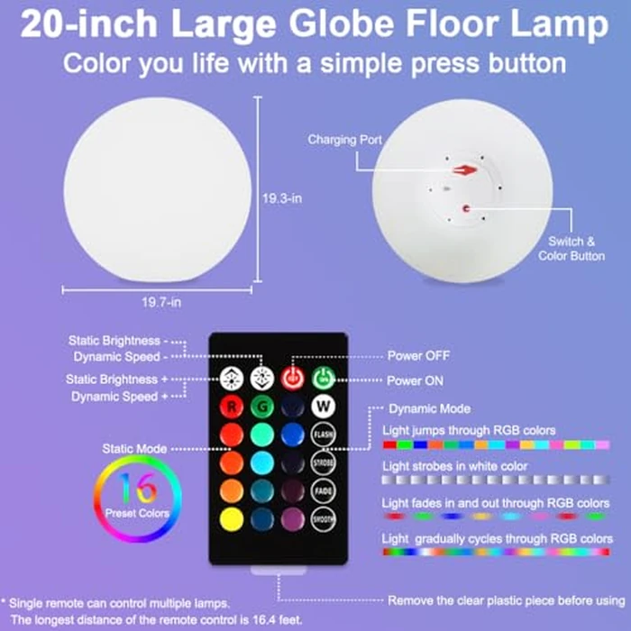 20-in LED Glowing Ball Light, Large Rechargeable LED Globe Orb Light w/Remote, Dimmable RGB Color Changing Globe Floor Lamp, Indoor/Outdoor Waterproof Mood Lamp for Home Garden Patio Lawn Party Decor by BALMOST - Image 9