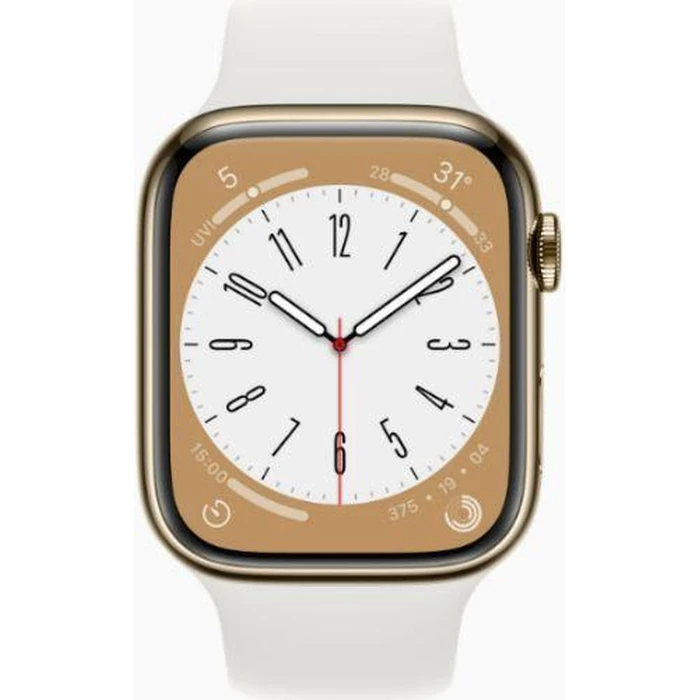 Apple Watch Series 8 (Cellular + GPS) - 32GB - 41mm - Gold Stainless Steel Case with White Rubber Sport Band by Apple - Image 1