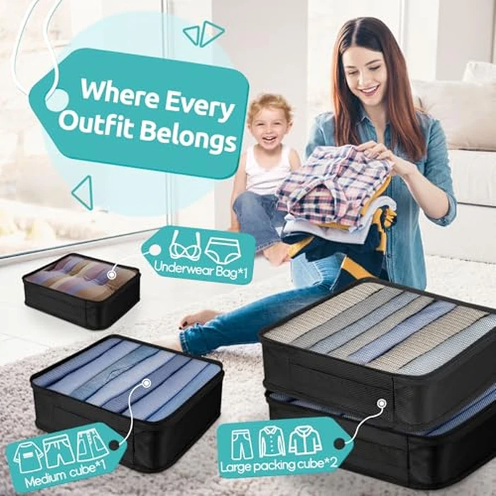 ALL INCLUDED - 12 Set Packing Cubes for Suitcases Carry On, Travel Essentials/Accessories Luggage Organizer Bags Set, Includes Cubes, Shoes Bag, Matte Cosmetic Bag, Zipper Bags by WULIVA - Used - Like New condition