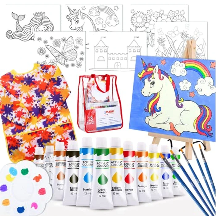 J MARK Kids' Acrylic Painting Kit - Unicorn Castle Theme, 28-Piece Set with Easel, Canvases, Brushes & More, Ages 4-12 by J MARK - Used - Very Good condition - US$20.99