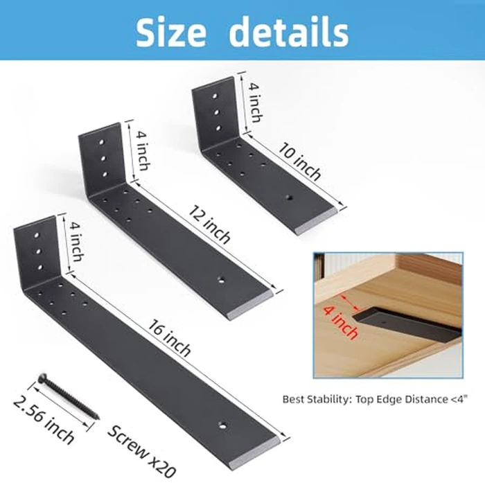 WEKIS 10 Inch Countertop Support Bracket, 3 Pack Solid Iron Steel Heavy Duty Hidden Floating L Shelf Brackets 1/4 Inch Thick, Shelving Support Metal Hardware for Mantel Granite Countertop by WEKIS - Image 4