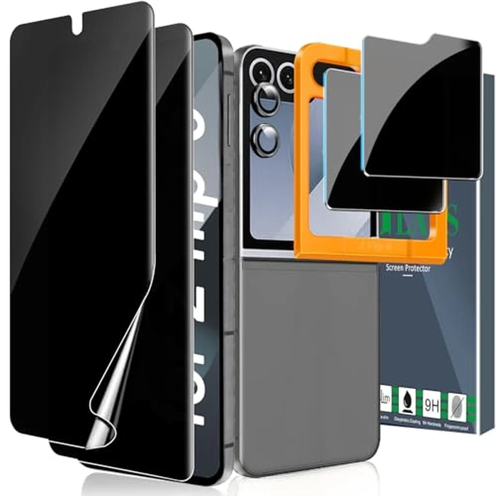 Ferilinso Privacy Screen Protector for Samsung Galaxy Z Flip 6 / Z Flip 7 FE [Phone Case Friendly], Inside Anti-Spy Film With 2 Pack Back Tempered Glass + Camera Lens Protector Accessories by Ferilinso - Used - Like New condition