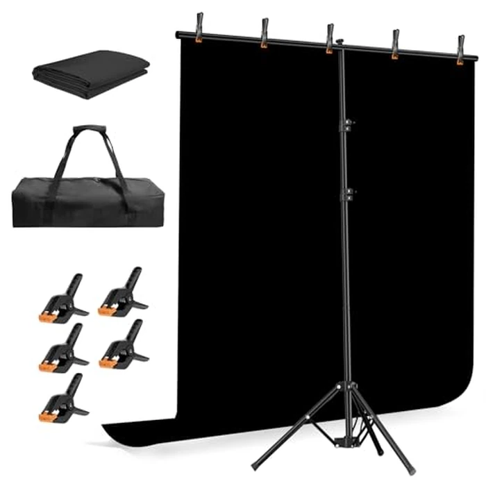 EMART Black Photo Backdrop with Stand Kit 6.5x5ft, Photography Black Background Screen with Portable T-Shape Support and 5 Clamps for Video Recording, Meetings, Self Tape by EMART - Used - Good condition