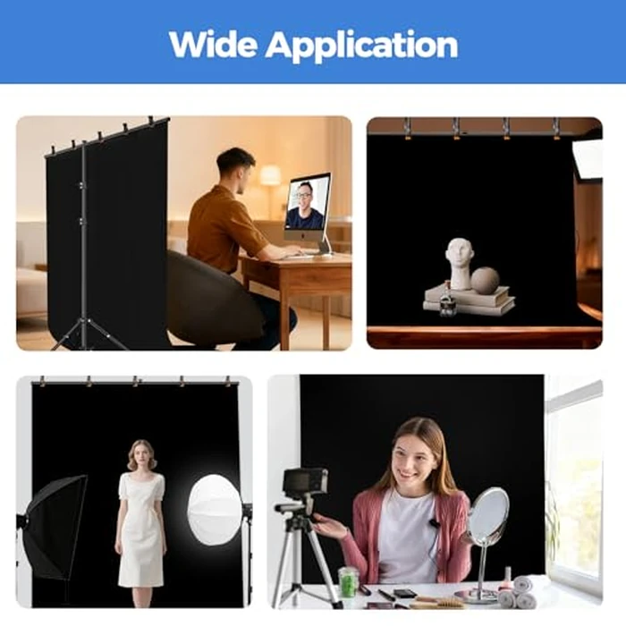 EMART Black Photo Backdrop with Stand Kit 6.5x5ft, Photography Black Background Screen with Portable T-Shape Support and 5 Clamps for Video Recording, Meetings, Self Tape by EMART - Image 6