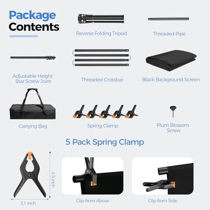 EMART Black Photo Backdrop with Stand Kit 6.5x5ft, Photography Black Background Screen with Portable T-Shape Support and 5 Clamps for Video Recording, Meetings, Self Tape by EMART - Image 8