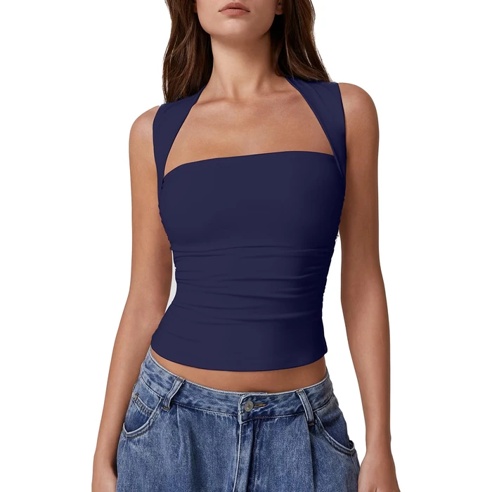 QINSEN Sleeveless T Shirts for Women Square Neck Double-Layered Summer Tight Tank Tops Navy L by QINSEN - Used - Like New condition - US$23.74