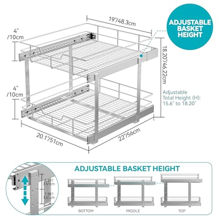2 Tier Pull Out Cabinet Organizer 20" W X 22" D, Slide Out Drawers For Kitchen Cabinets, Pull Out Drawers For Cabinets Capacity Heavy Duty Caddy, Cabinet Pullout Shelves Chrome-Plated,Bathroom Pantry by STORKING - Image 2