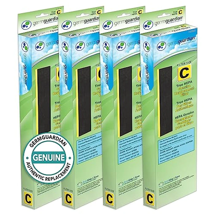 GermGuardian Filter C HEPA Pure Genuine Air Purifier Filter, Removes 99.97% of Pollutants, Wildfire Smoke, Odors, for AC5250PT, AC5000, AC5300, AC5350, AP2800, 4-Pack, Black/Yellow, FLT50004PK by GermGuardian - Used - Like New condition - US$99.38