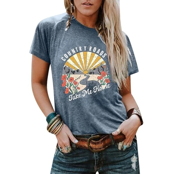 Country Music Shirts for Women Country Roads Take Me Home Shirt Vintage Western Short Sleeve Tees Top Blue by FASHGL - Used - Like New condition