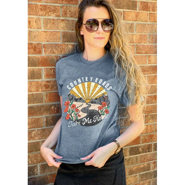Country Music Shirts for Women Country Roads Take Me Home Shirt Vintage Western Short Sleeve Tees Top Blue by FASHGL - Image 2