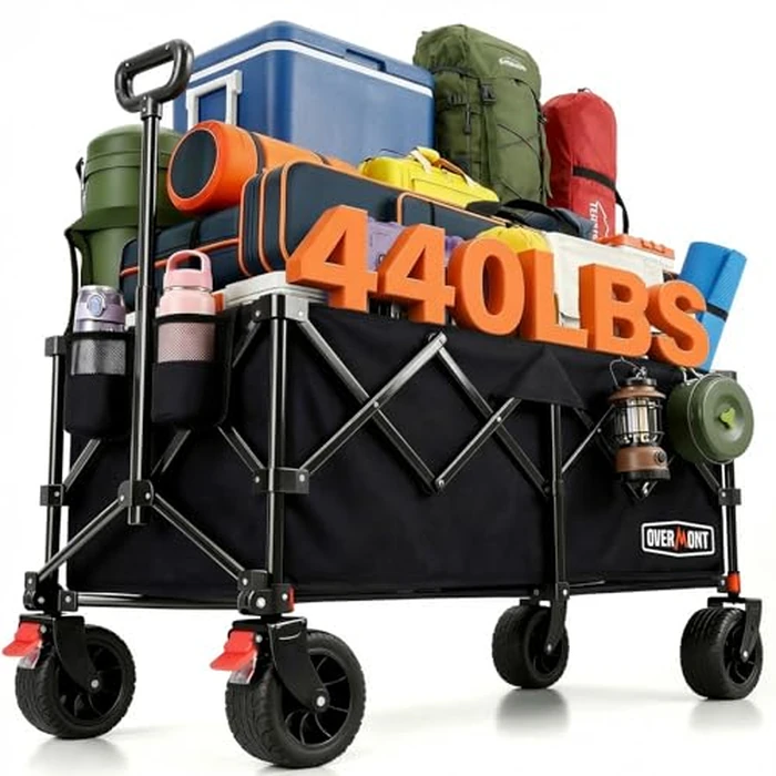 Overmont 46.6" L Extended Collapsible Wagon Cart - 440LBS Heavy Duty Foldable Beach Wagon with Big All-Terrain Wheels - Portable Folding Utility Wagon for Camping Sports Grocery Garden Shopping by OVERMONT - Used - Like New condition - CA$109.24
