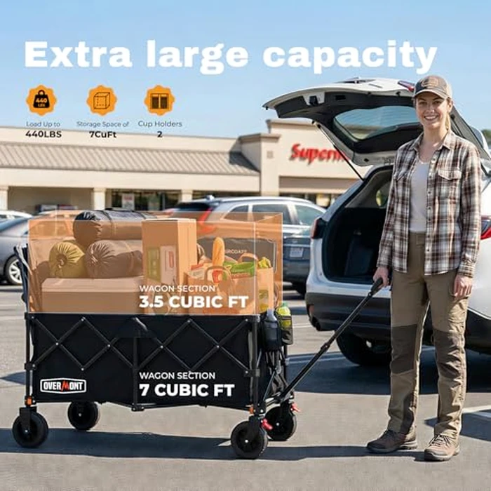 Overmont 46.6" L Extended Collapsible Wagon Cart - 440LBS Heavy Duty Foldable Beach Wagon with Big All-Terrain Wheels - Portable Folding Utility Wagon for Camping Sports Grocery Garden Shopping by OVERMONT - Image 6